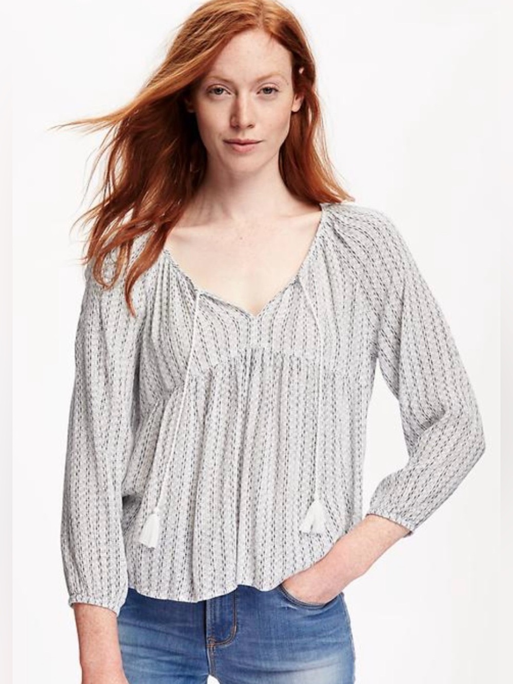 Old Navy  Tie Neck Poet Blouse Womens Size  XXL Peasant Bohemian White Navy